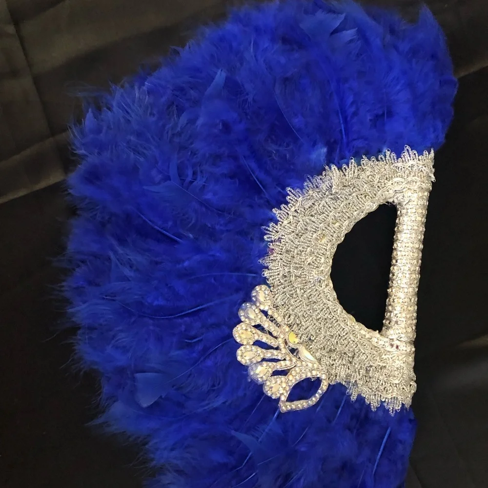 Royal Blue Feather African Bridal Hand Fan with Silver Crystal Accent
